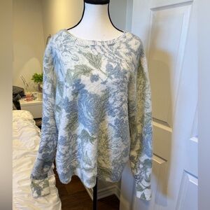 Joie Floral Fuzzy Knit Sweater 3X Oversized Blue Sage Cottagecore